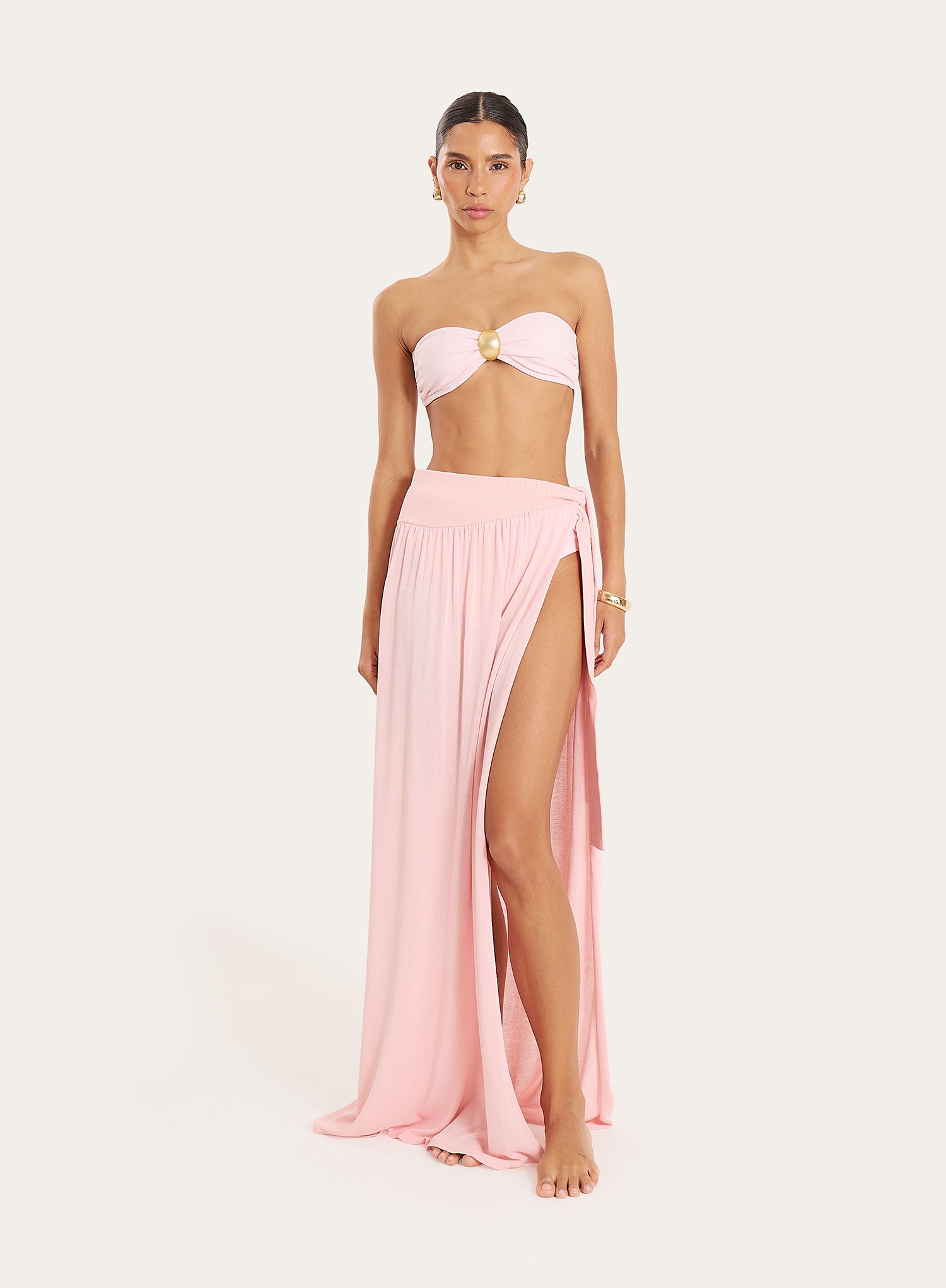 Pink Belt Detail Semi Sheer Thigh Split Maxi Skirt