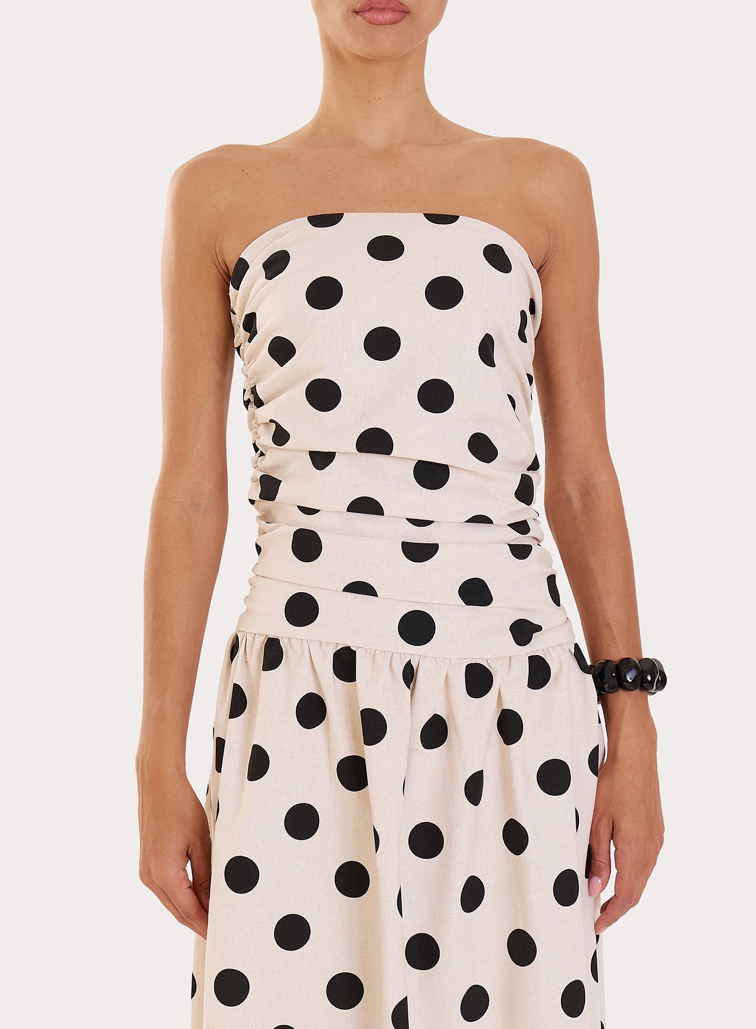 Polka Dot Printed Linen Blend Bandeau Maxi Dress