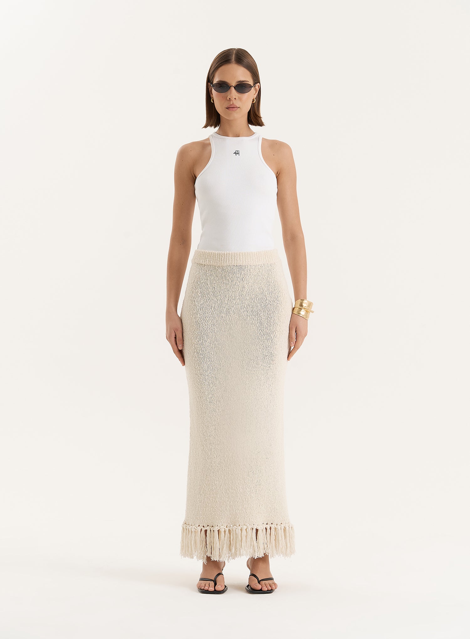 Beige Knitted Tassel Trim Maxi Skirt- Lauryn