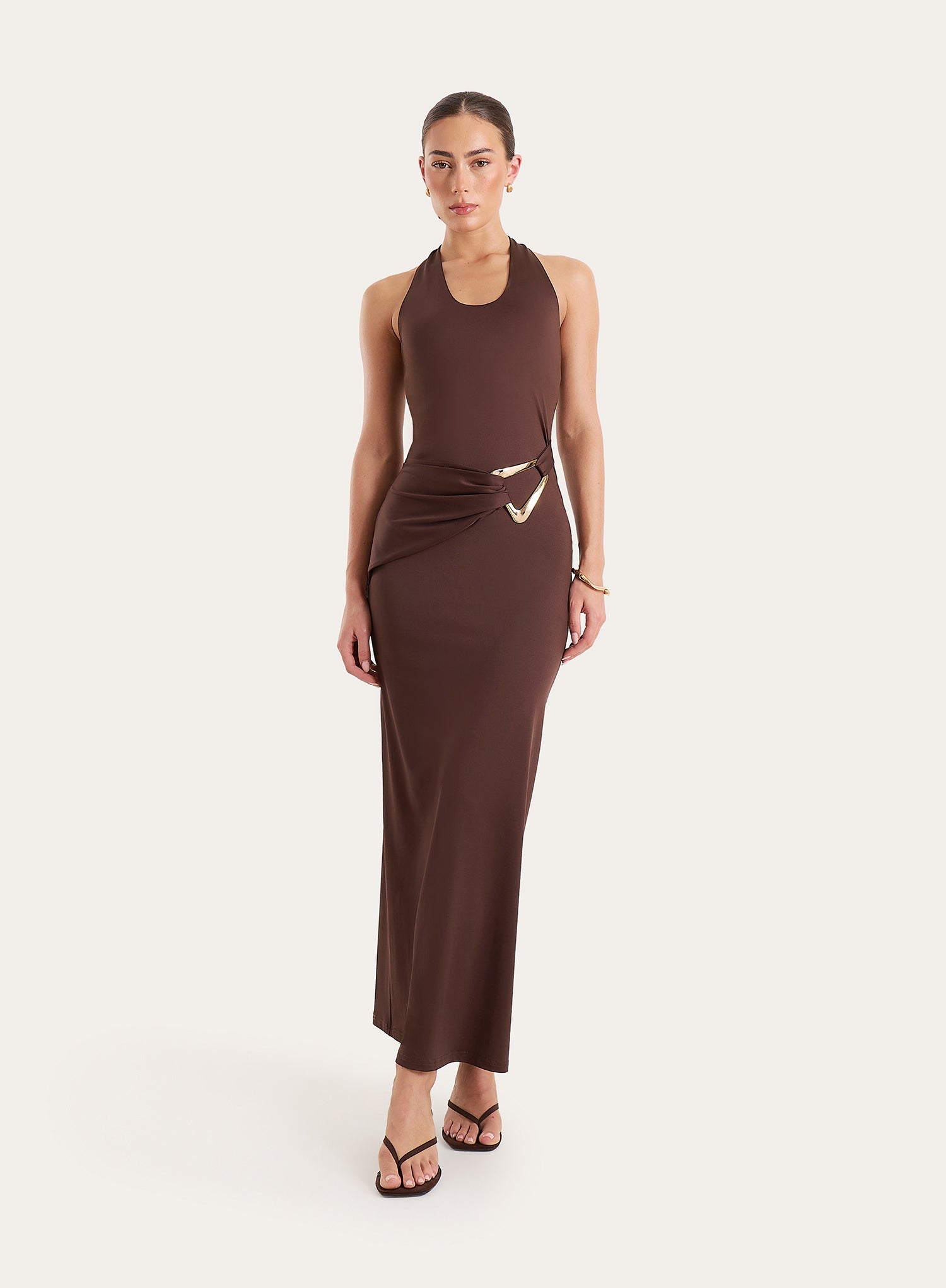 Chocolate Halterneck Jersey Hardware Belt Detail Maxi Dress