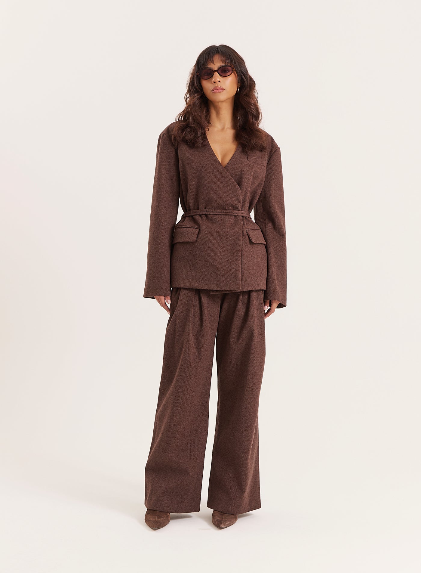 Chocolate Herringbone Tie Belt Wide Leg Trousers