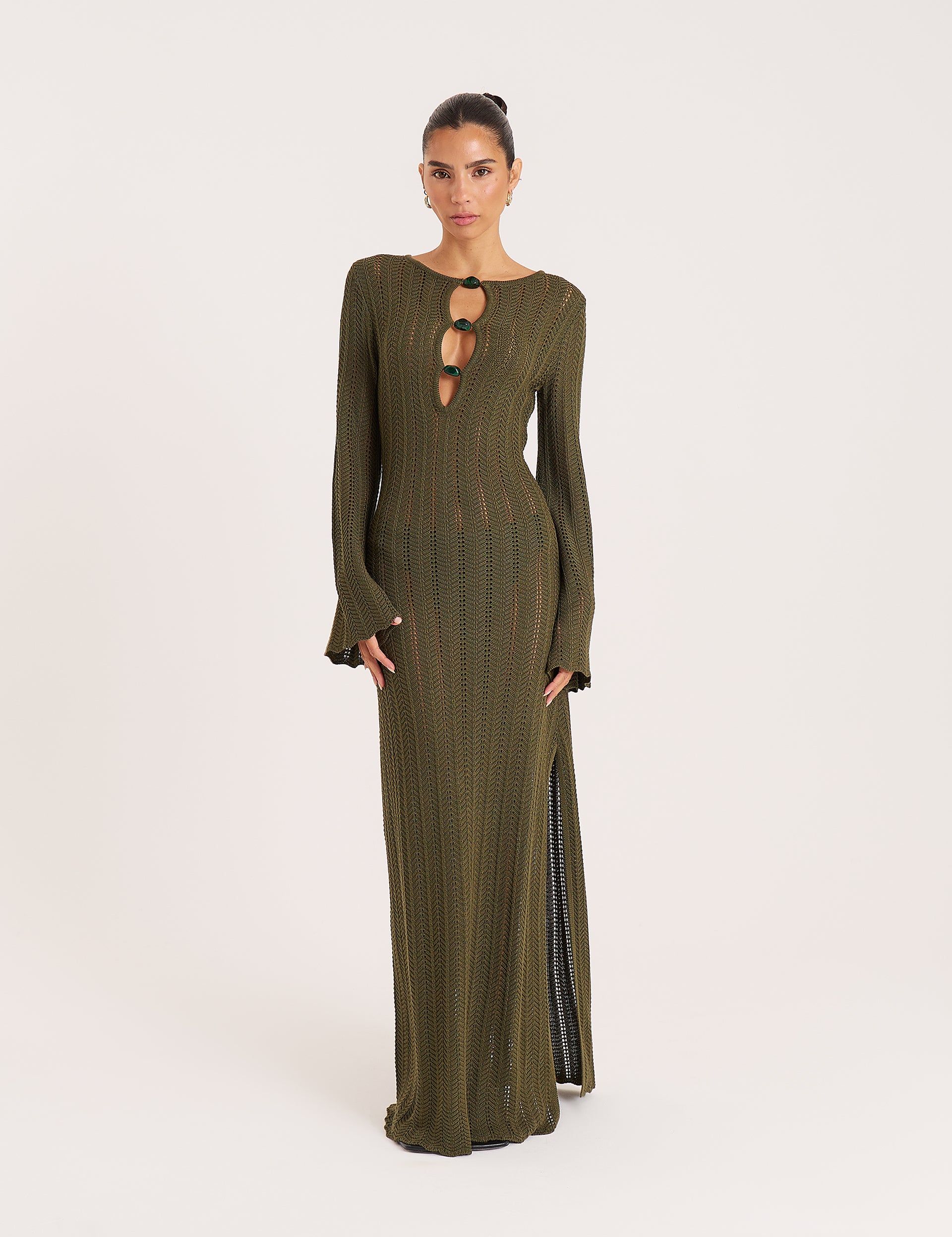 Olive Keyhole Knitted Maxi Dress