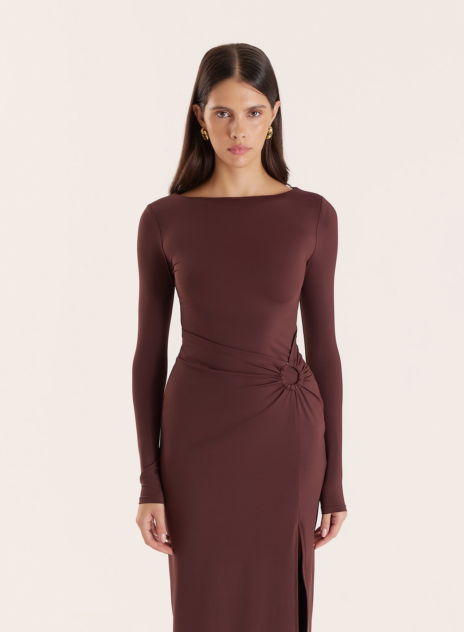 Chocolate Long Sleeve Ring Detail Maxi Dress