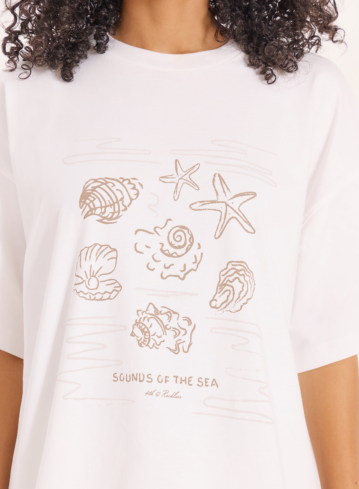Cream Beach Graphic Printed Cotton T-Shirt