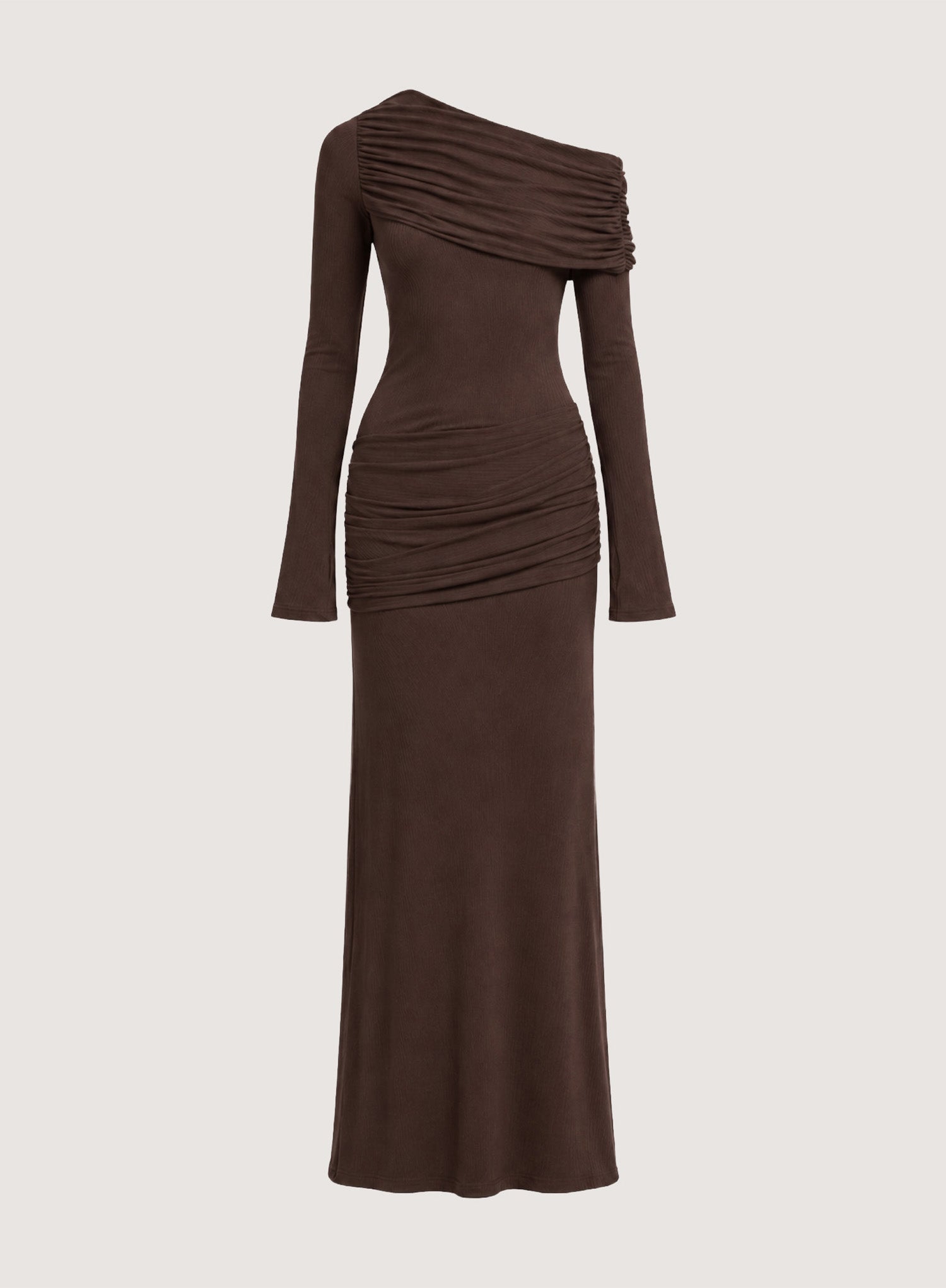 Chocolate Asymmetric Shoulder Waist Detail Maxi Dress