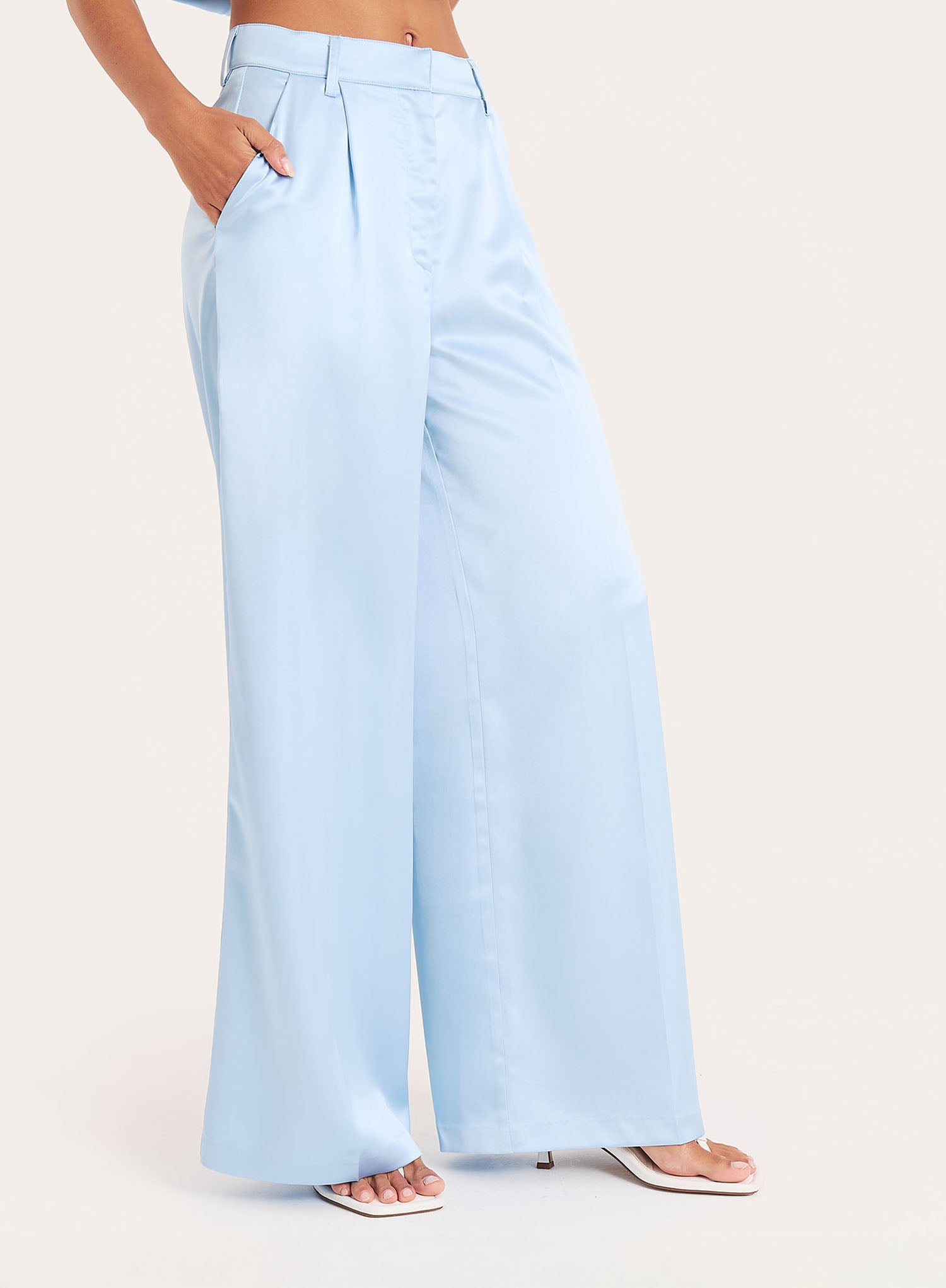 Blue Satin Tailored Wide Leg Trousers