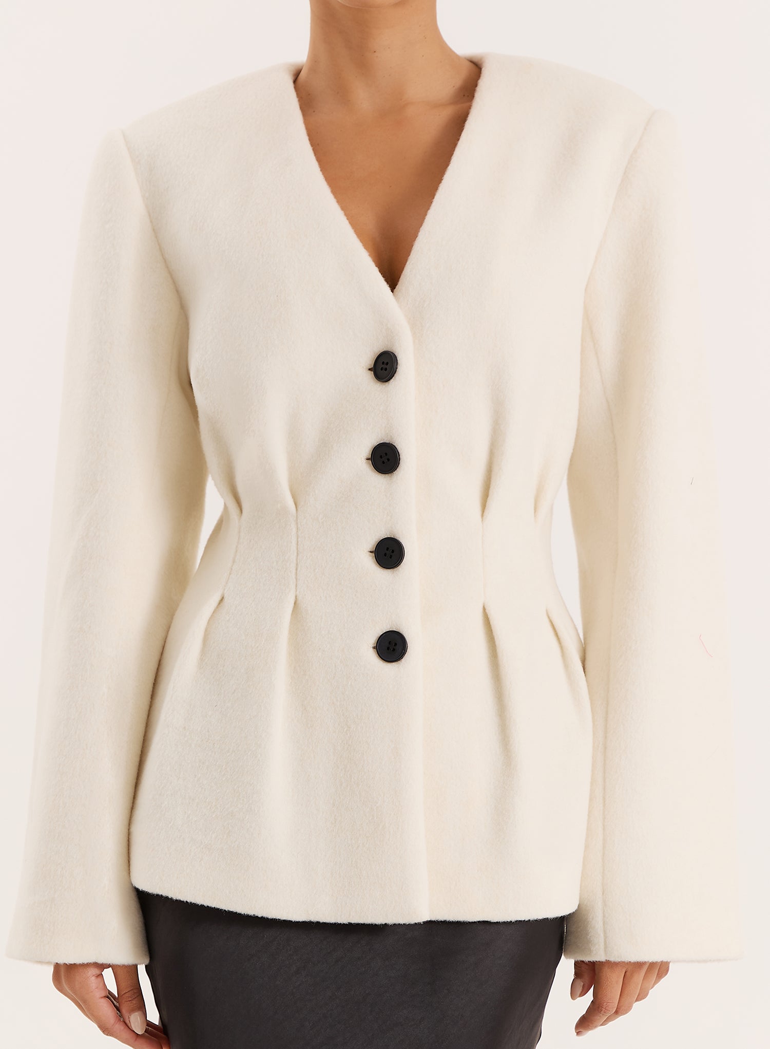 Cream Tailored Cinched Waist Wool Blend Blazer