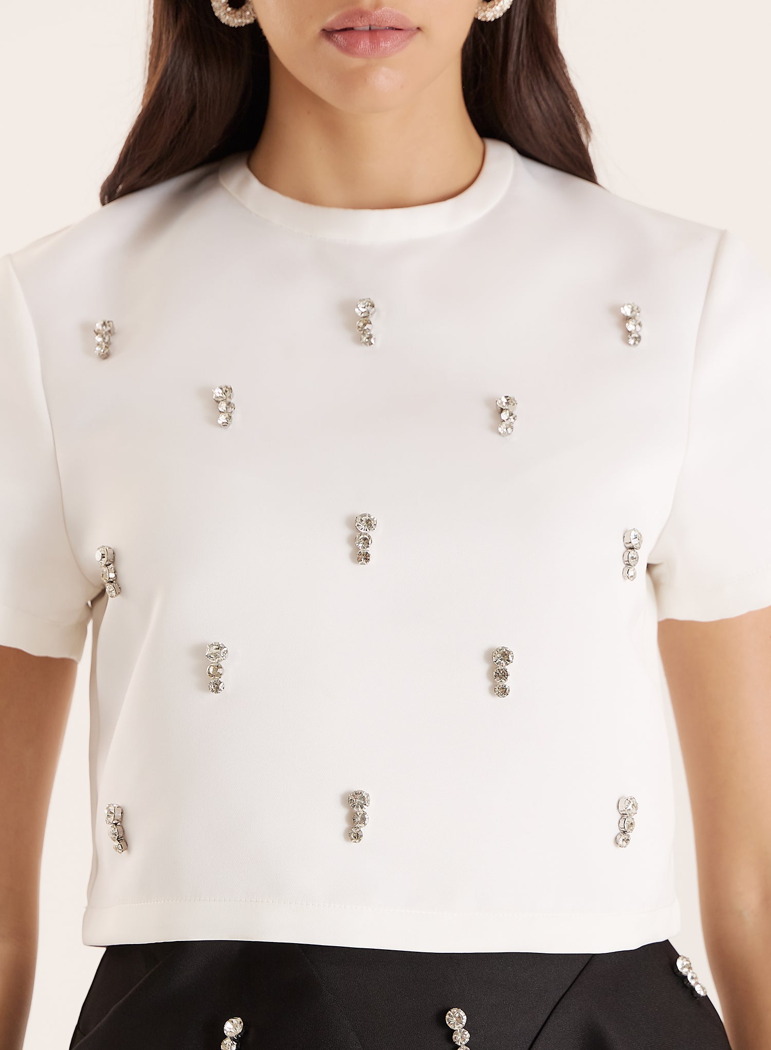 White Embellished Woven Crop T-Shirt