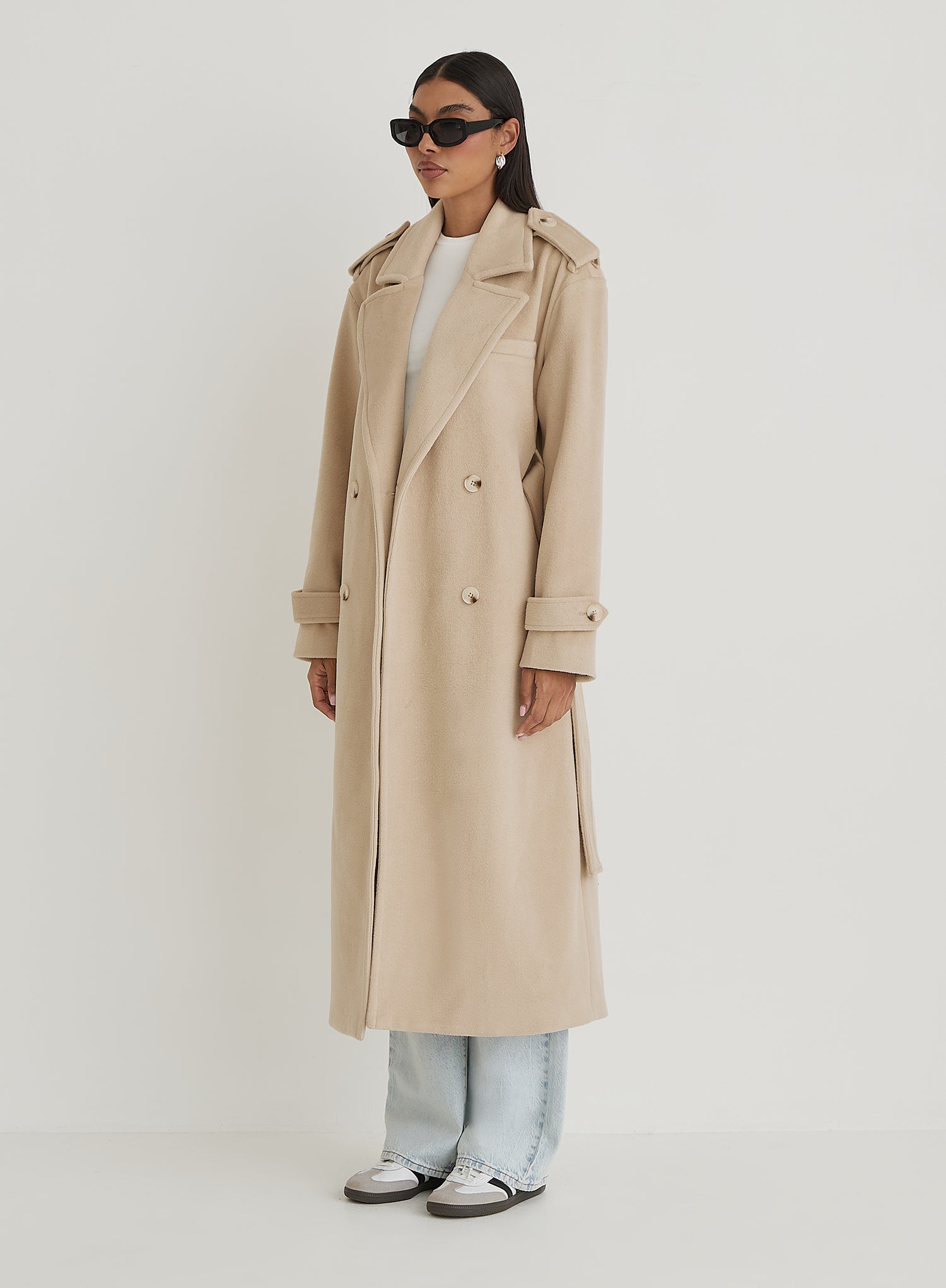 Beige Tailored Belted Longline Trench Coat