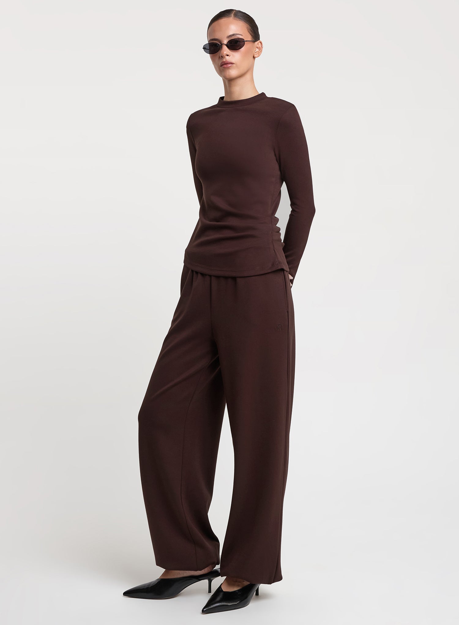 Chocolate Brown Ruched Side Long Sleeve Top