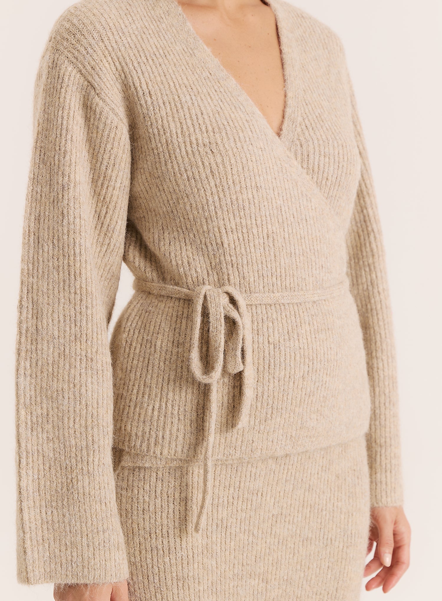 Oatmeal Knitted Tie Front Wrap Top