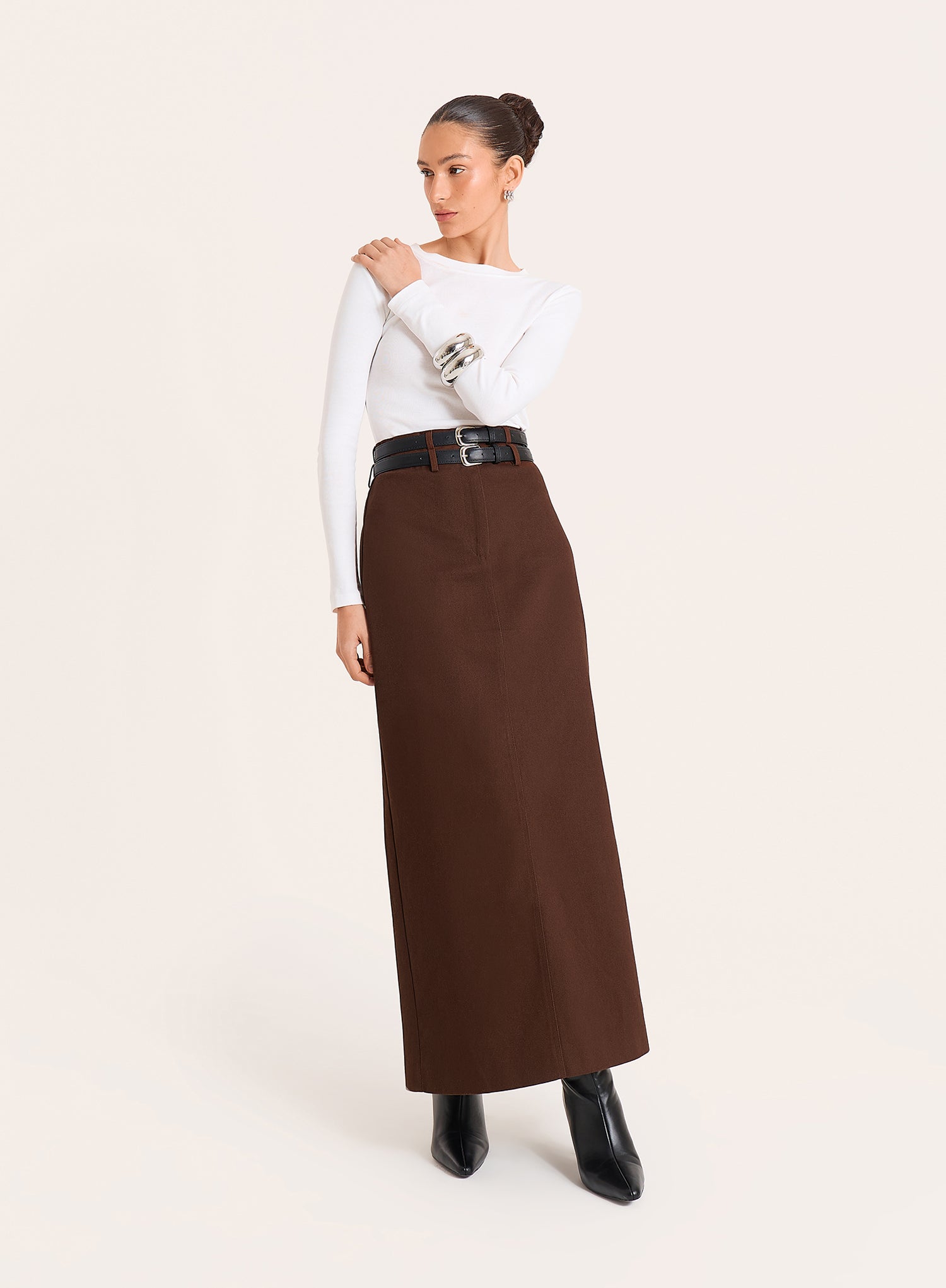 Chocolate Belted Tailored Maxi Skirt
