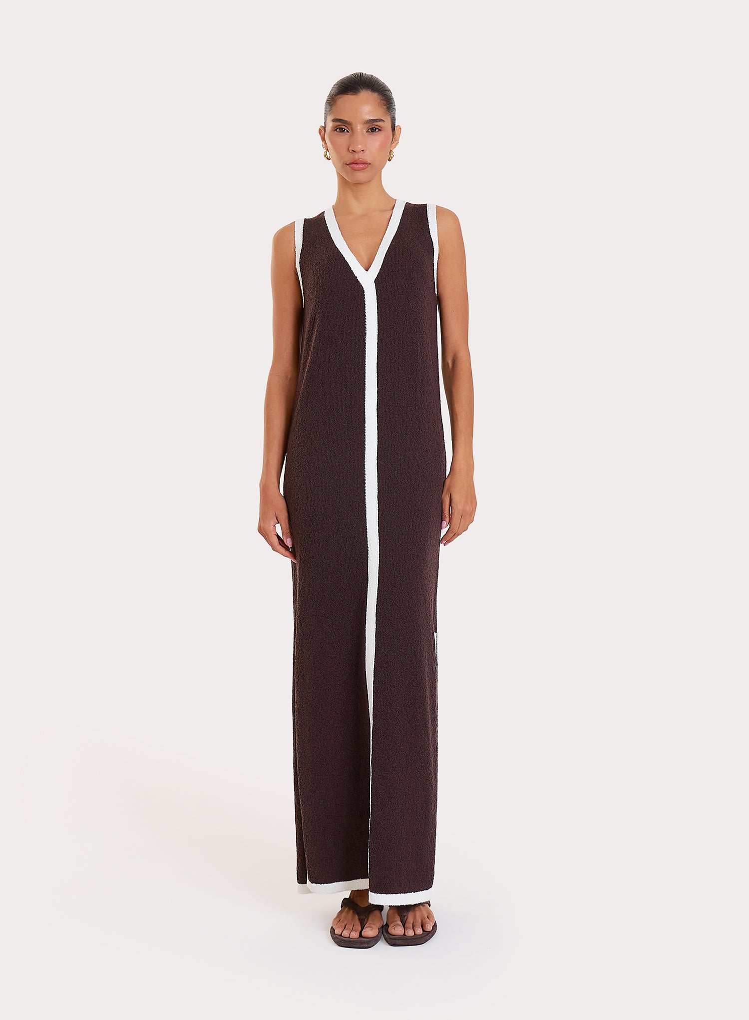 Chocolate Knitted Contrast Trim Midaxi Dress