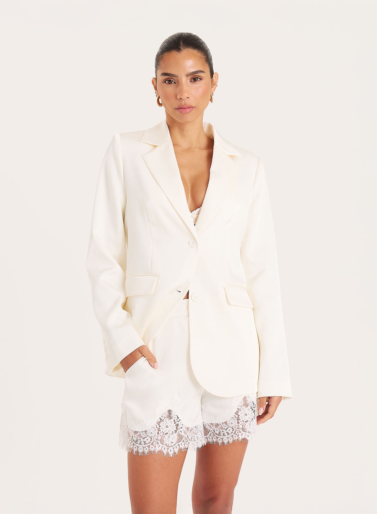 Cream Single Breasted Satin Blazer