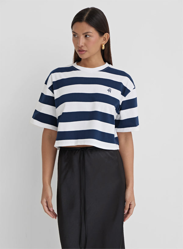 Navy And White Stripe Branded Cropped T-Shirt- Loran