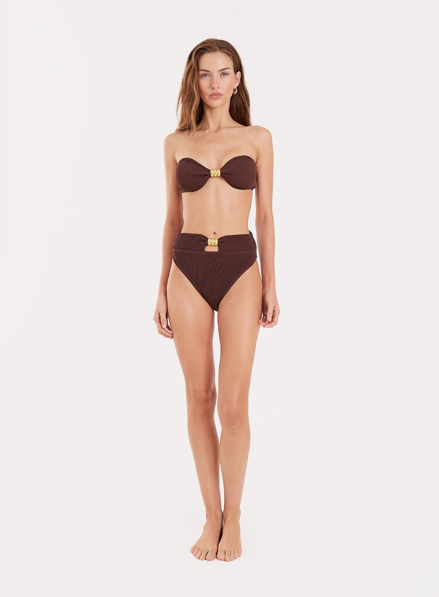 Chocolate Crinkle Gold Buckle High Waisted Bikini Bottoms