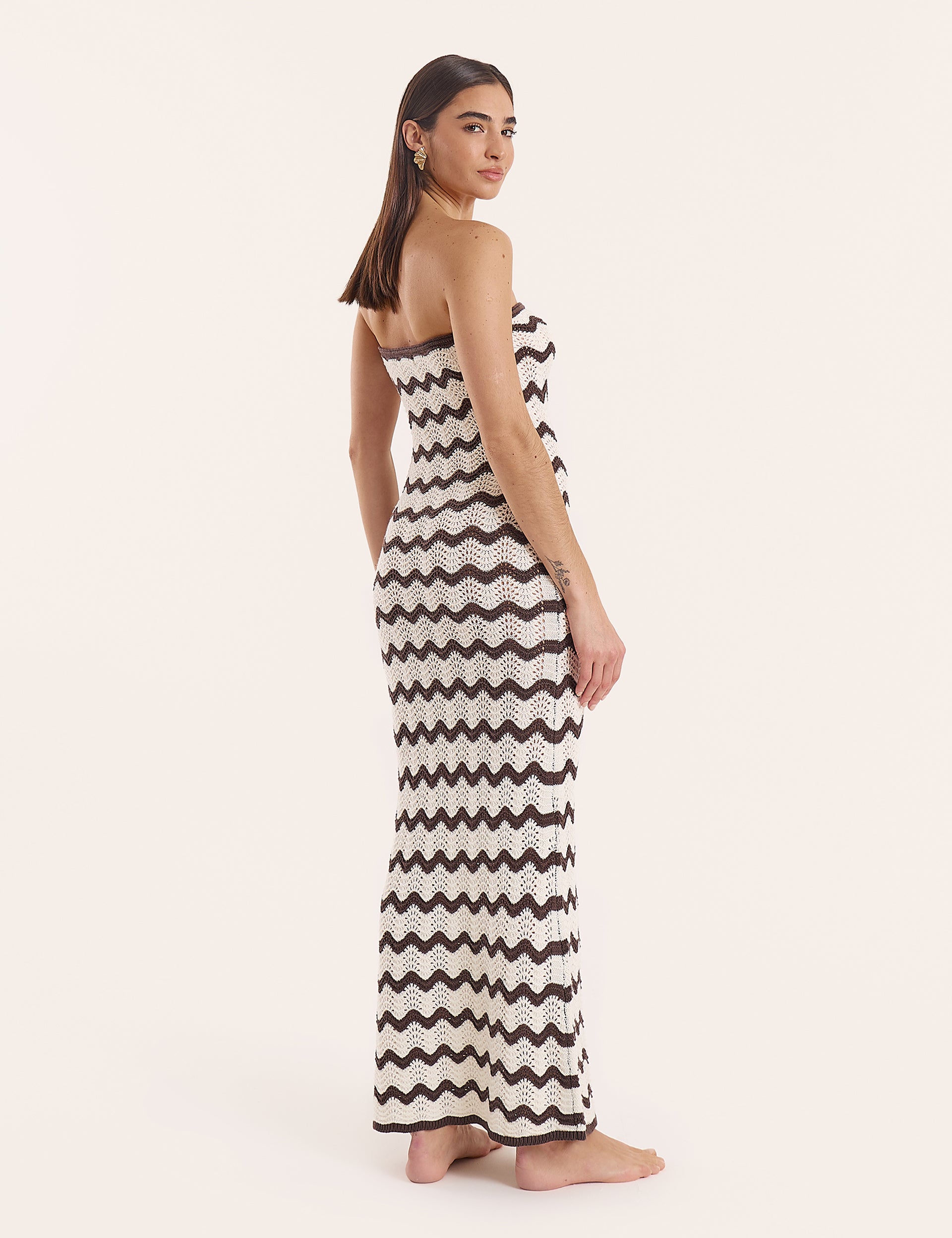 Chocolate And Cream Chevron Print Knitted Bandeau Maxi Dress