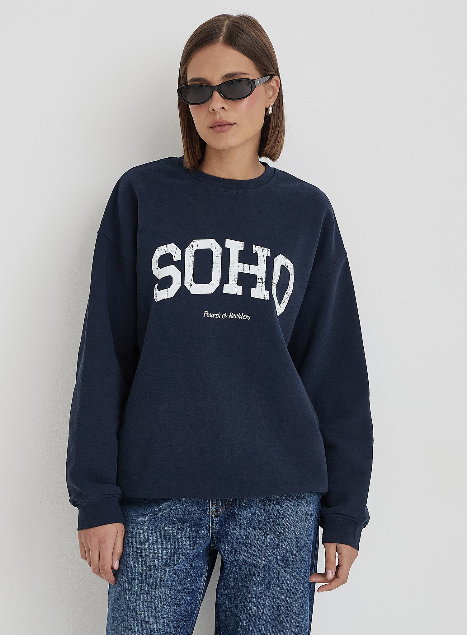 Navy Distressed Soho Slogan Classic Longline Sweatshirt- Bobbi