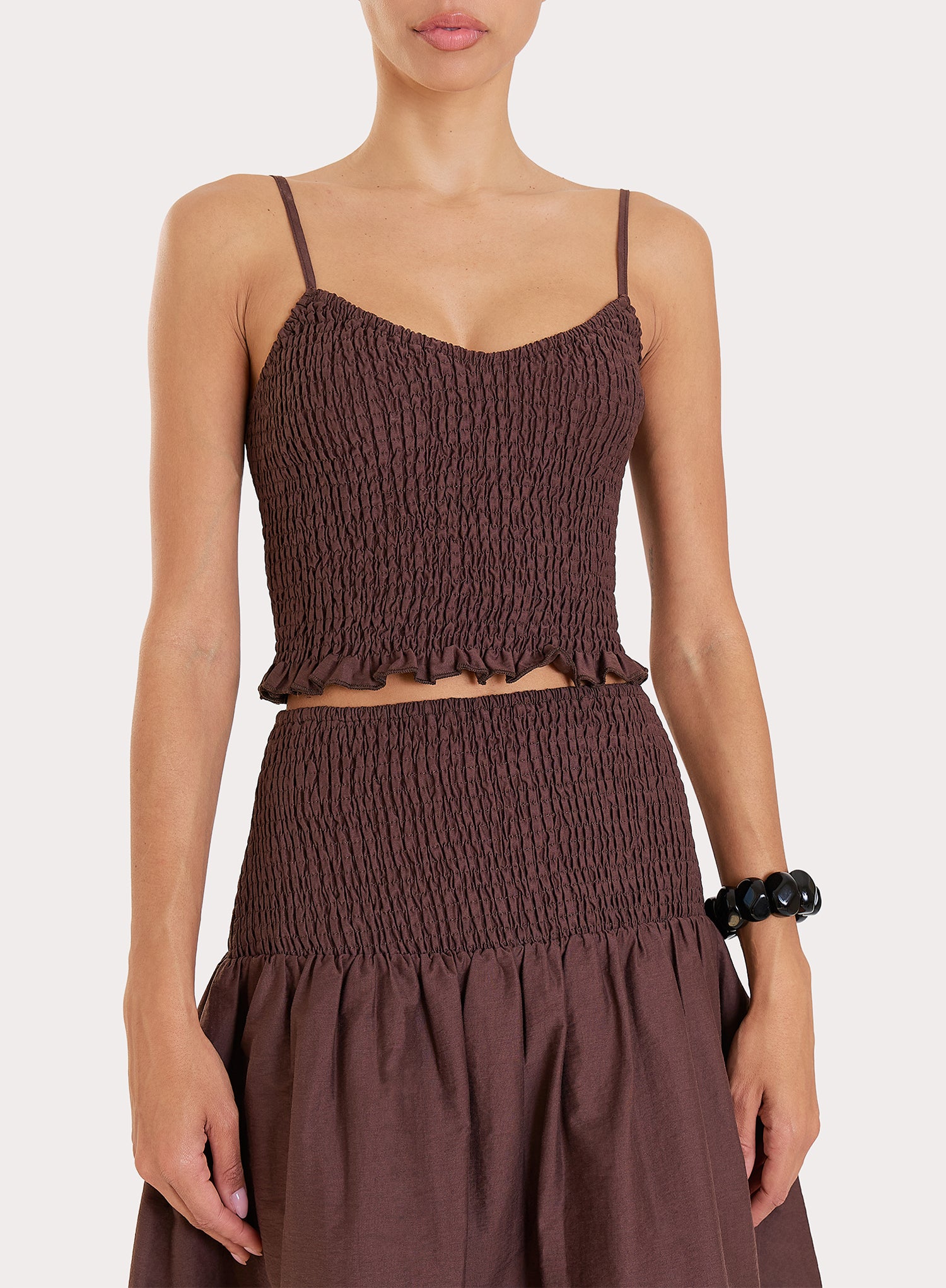 Chocolate Shirred Drop Waist Maxi Skirt