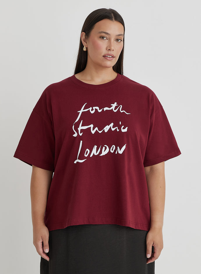 Burgundy Curve Fourth Studio Slogan T-Shirt- Heidi