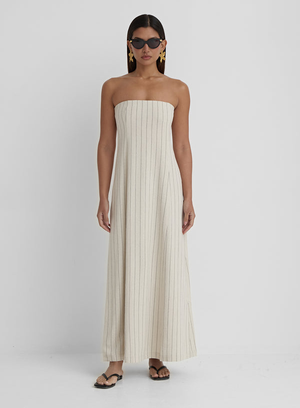 Cream Stripe Bandeau Linen Dress- Victoria