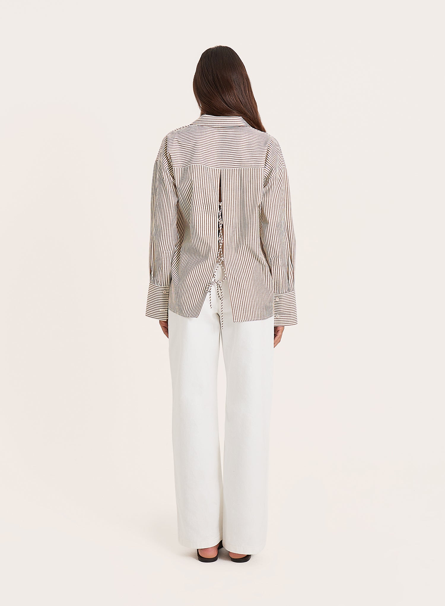 White And Beige Stripe Cotton Tie Back Detail Shirt