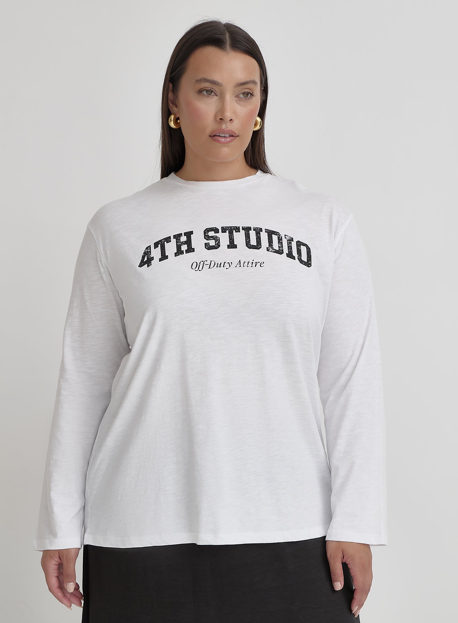 White Plus Size Long Sleeve 4th Studio Slogan Top- Tanna