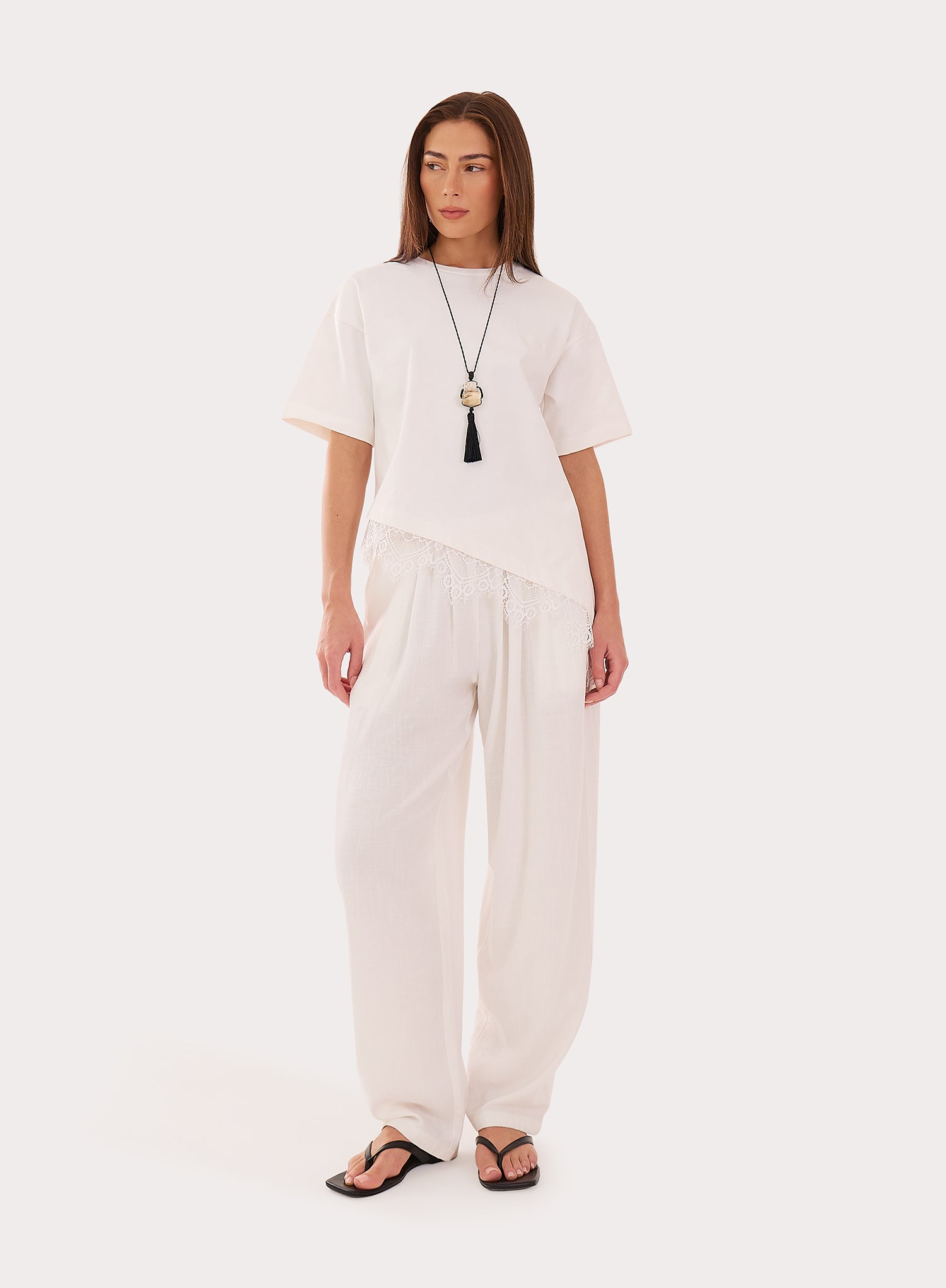 White Asymmetric Lace Hem T-Shirt