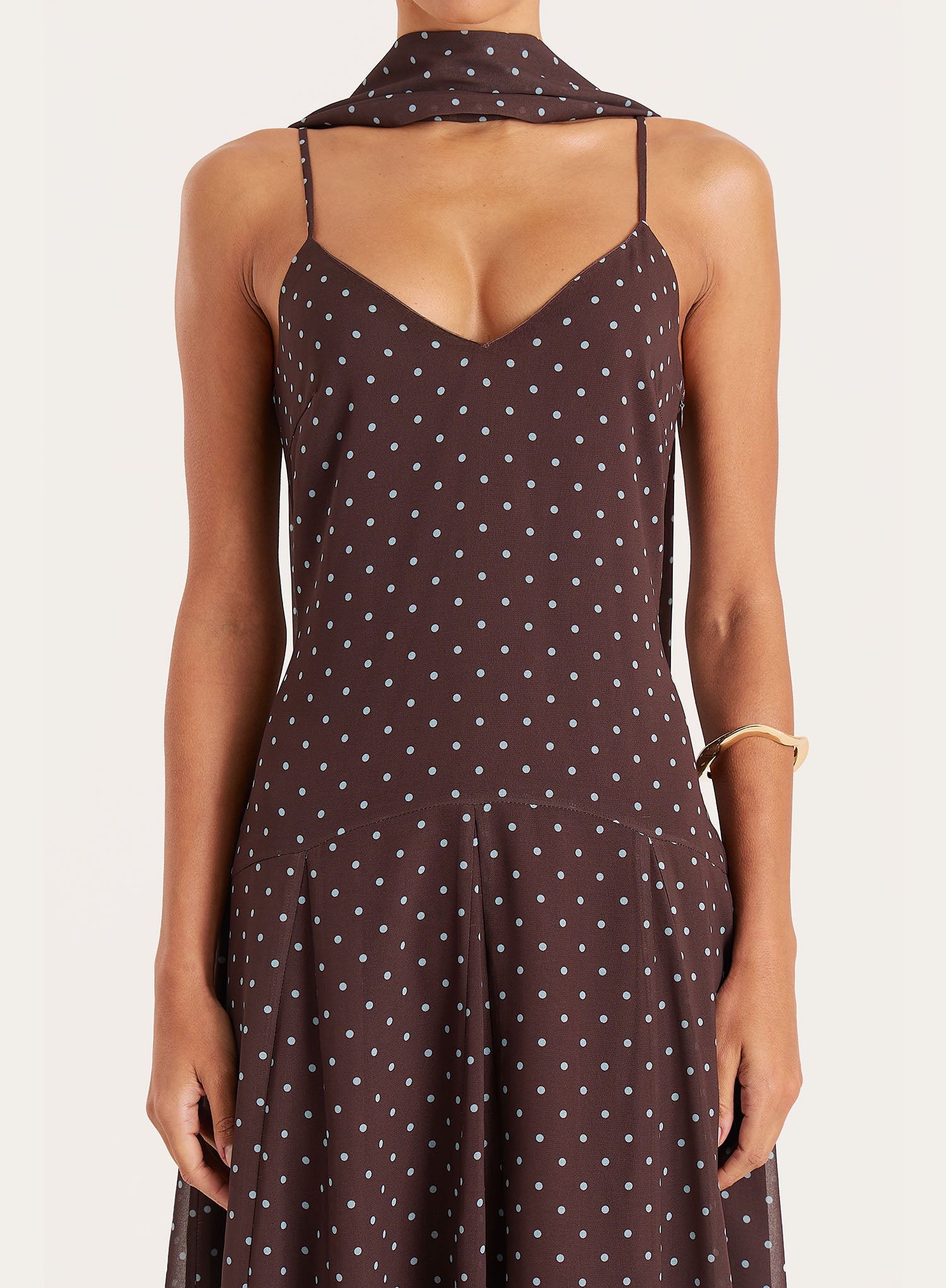 Brown Polka Dot Chiffon Scarf Detail Maxi Dress