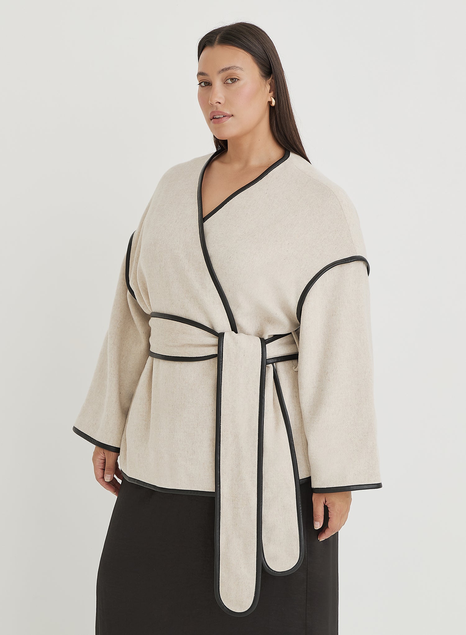 Cream Plus Size Wool Tie Waist Shacket- Hariette