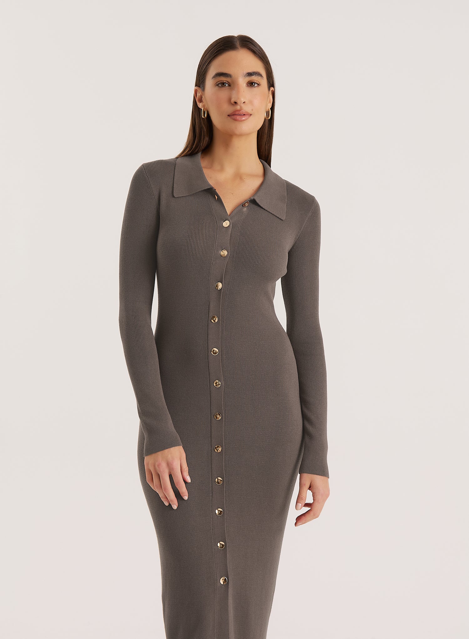 Charcoal Collared Button Down Knitted Dress