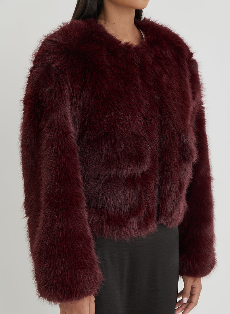 Burgundy Faux Fur Cropped Jacket- Reysha