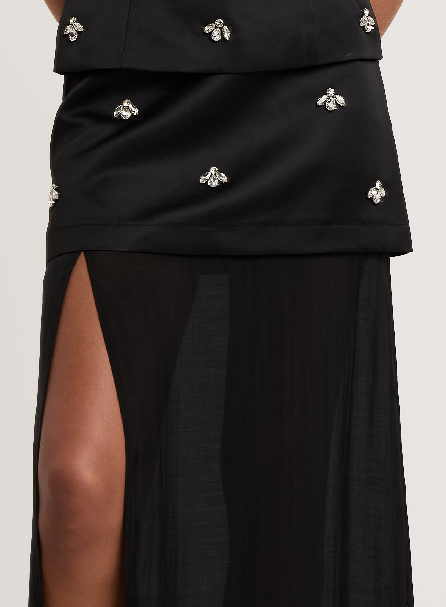 Black Satin Embellished Chiffon Hem Maxi Skirt