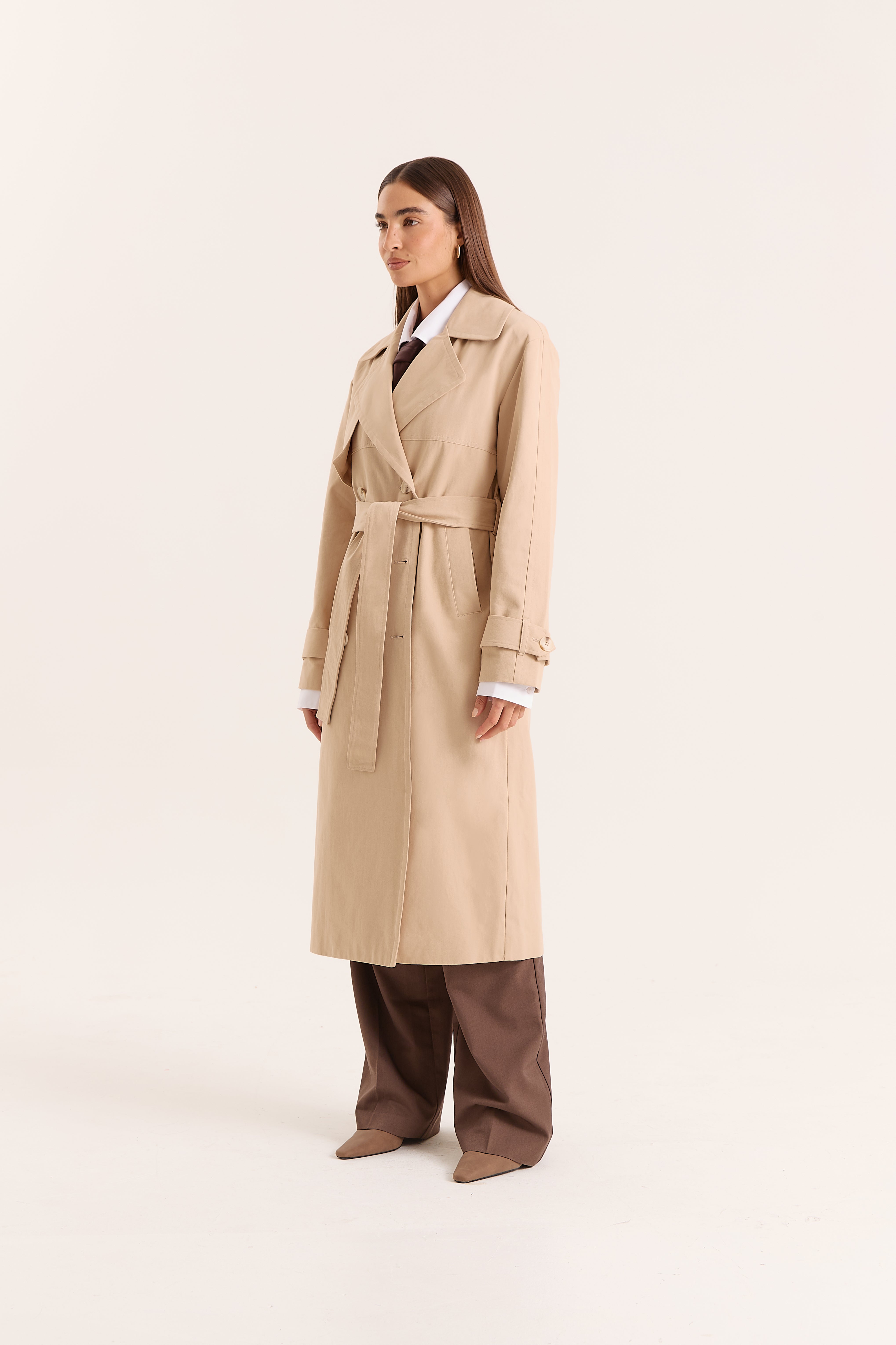 Beige Belted Longline Trench Coat