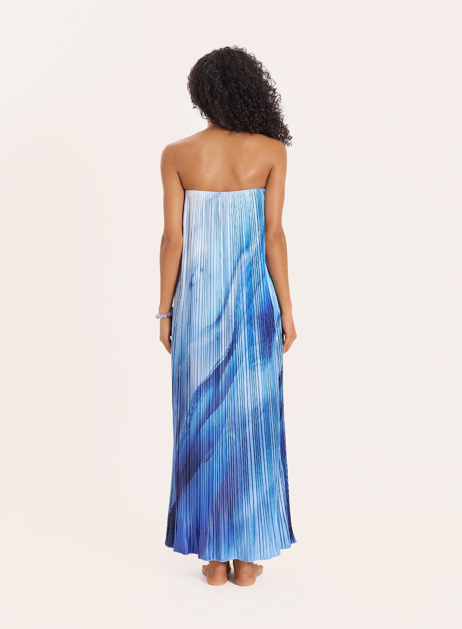 Blue Ombre Print Plisse Bandeau Maxi Dress
