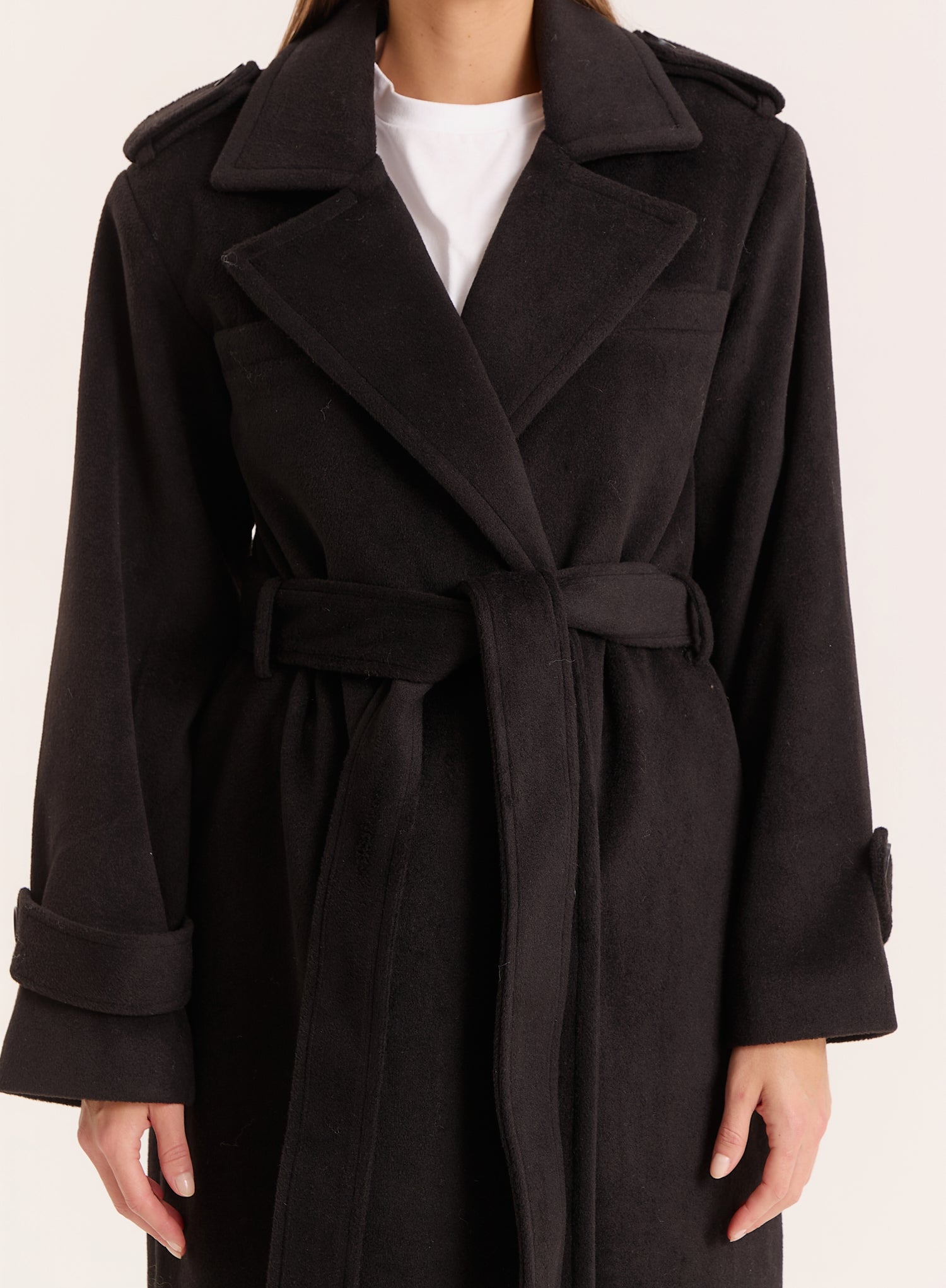 Black Tailored Belted Longline Trench Coat