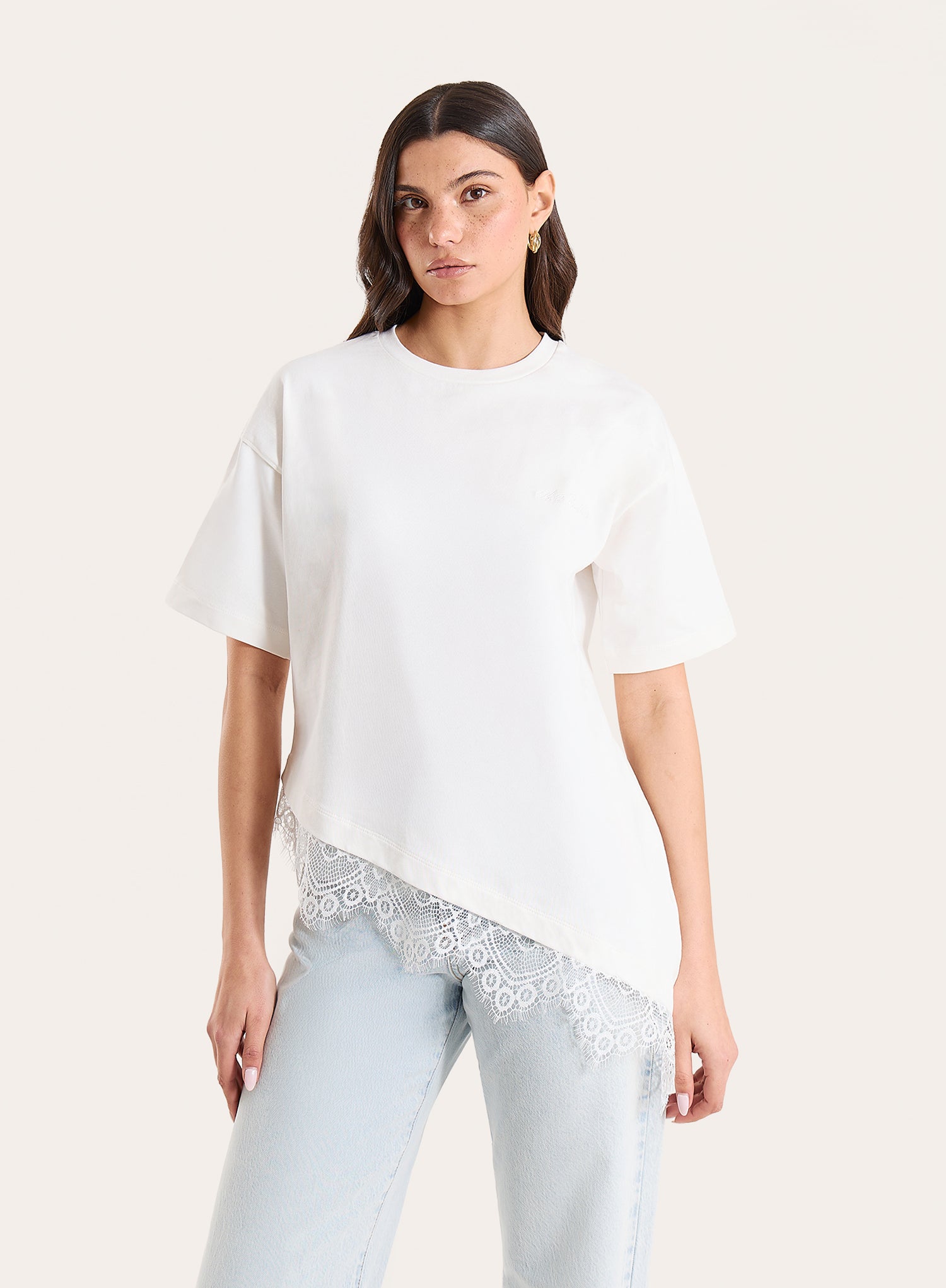 White Asymmetric Lace Hem T-Shirt