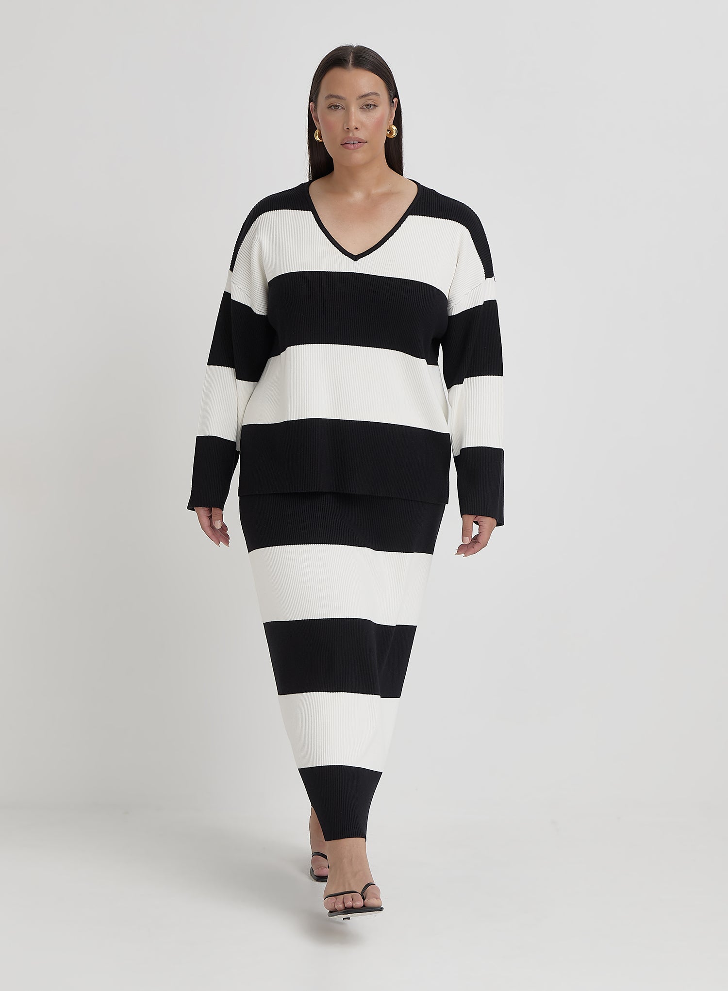 Black And Cream Plus Size Stripe Knitted Jumper- Jacqueline