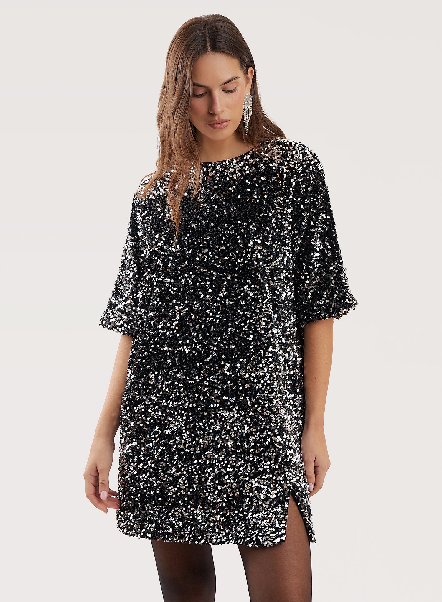 Black Sequin Bow Tie Back Mini Dress