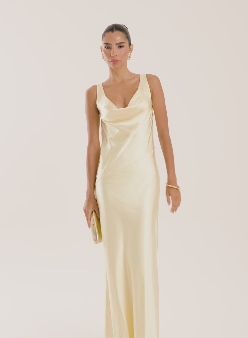 Women's Yellow Satin Backless Lace Trim Maxi Dress | Penelope