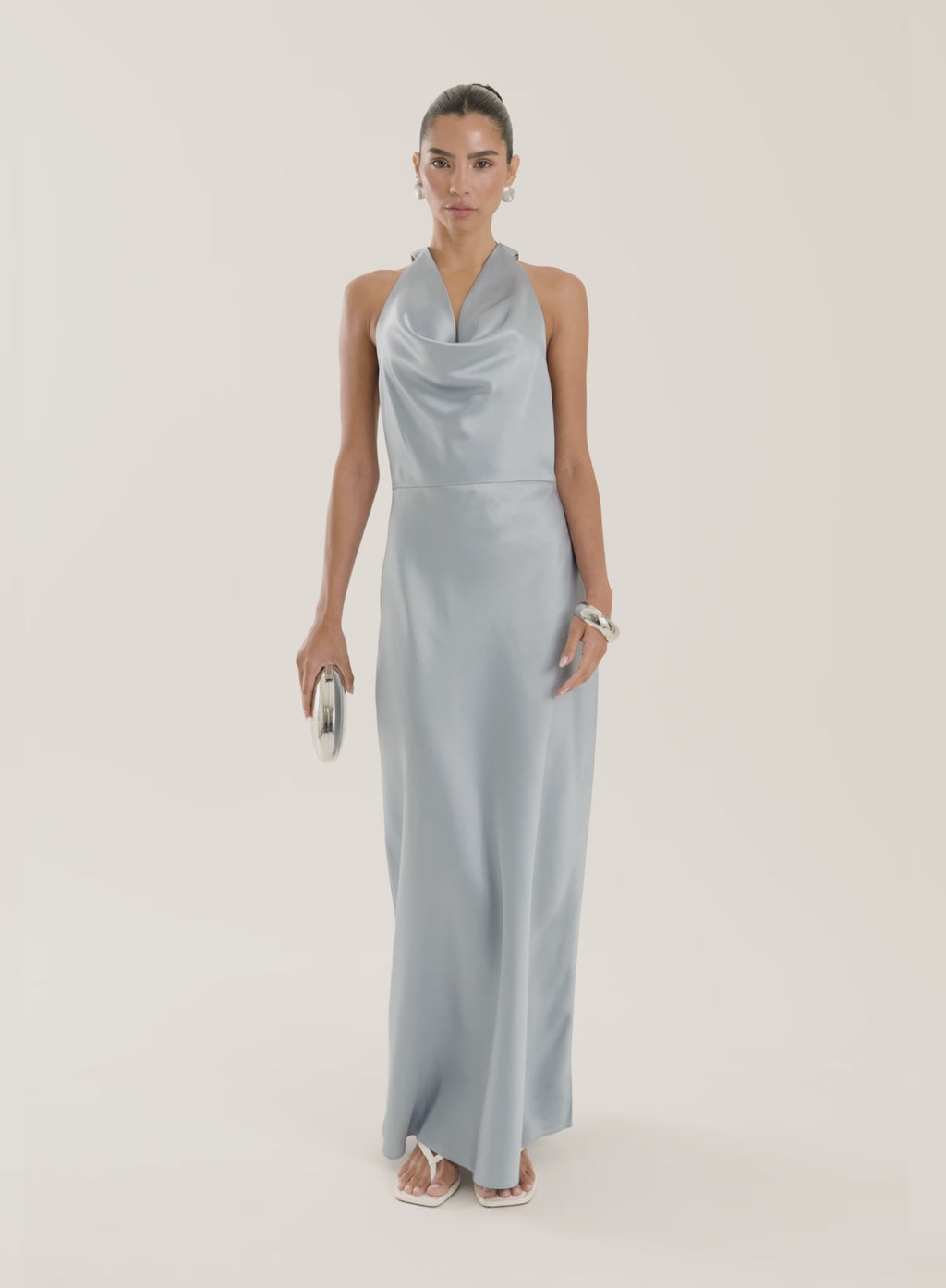 pale blue velvet cowl neck maxi dress ASTR the Label | Varya Satin Cowl Neck Maxi Dress in Black