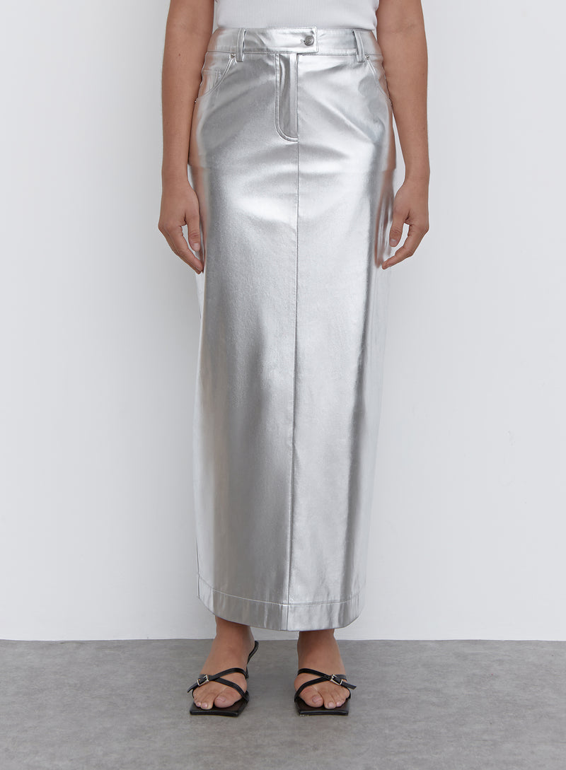 Silver Metallic Faux Leather Midaxi Skirt - Inessa