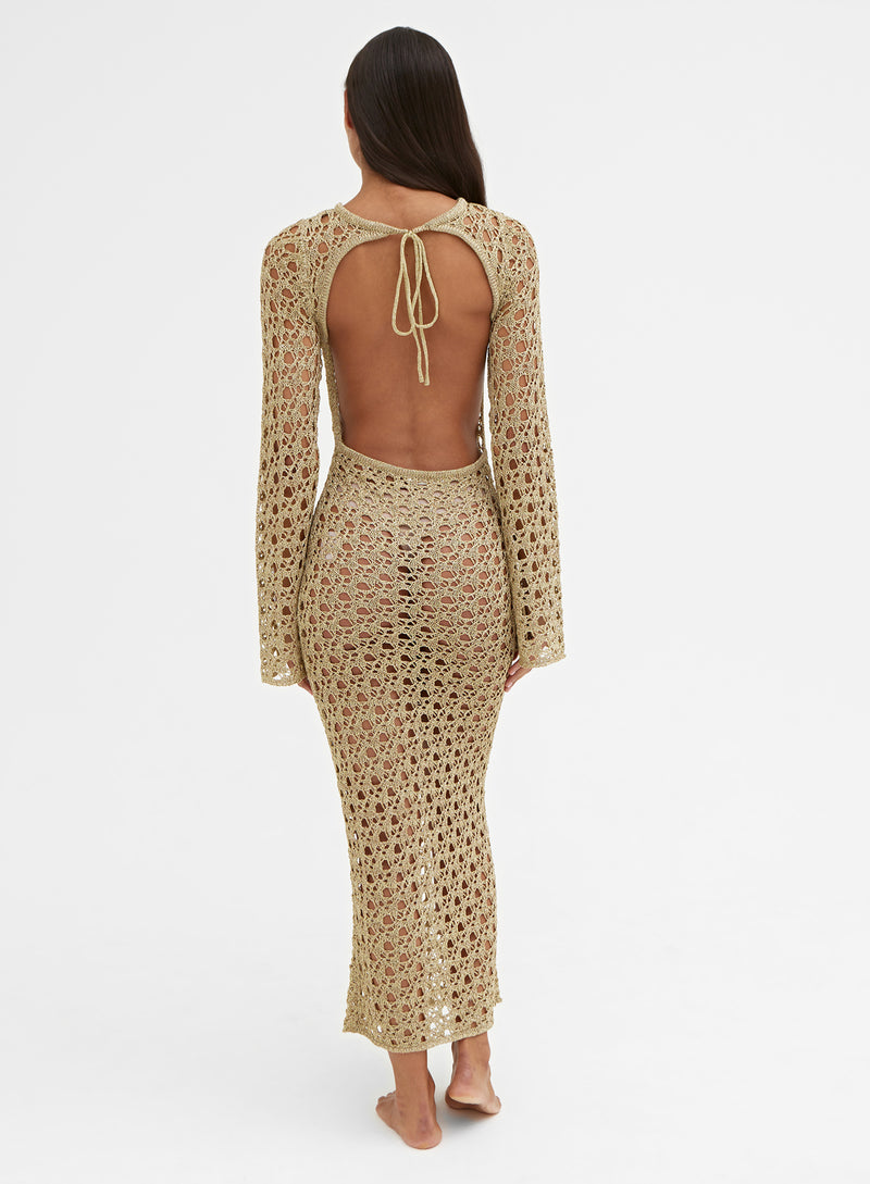 Gold Metallic Knit Open Back Maxi Dress – Loz