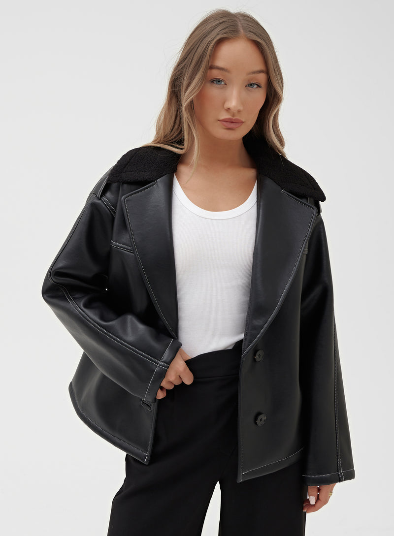 Women's Black Faux Leather Shearling Jacket | Campbell | 4th & Reckless