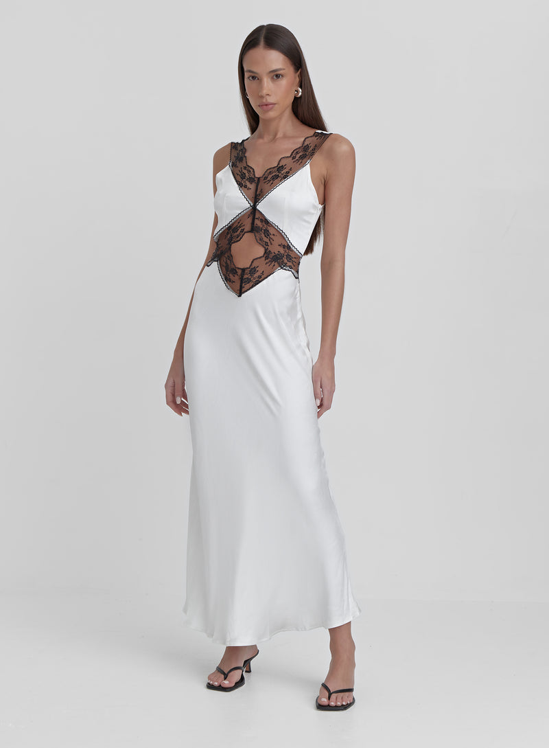 White Satin Lace Slip Dress- Kelsey