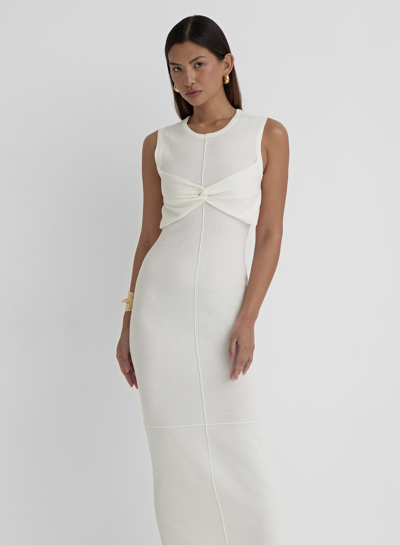 White Knit Twist Front Midaxi Dress- Jensen