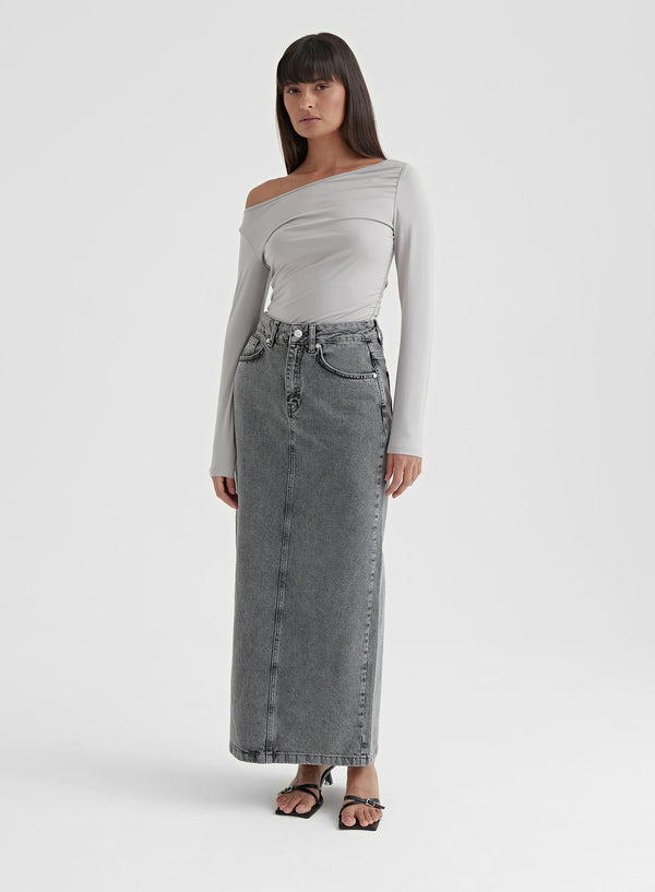 Washed Grey Denim Midaxi Skirt - Maxine