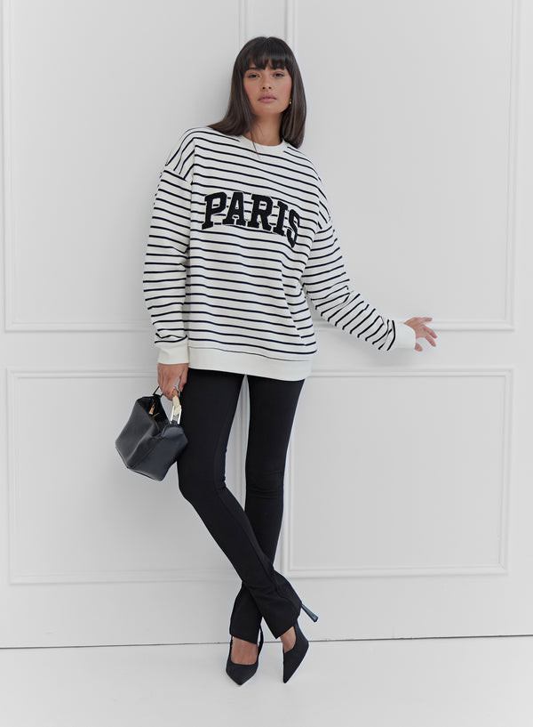 Black And White Striped Paris Sweatshirt - Anni