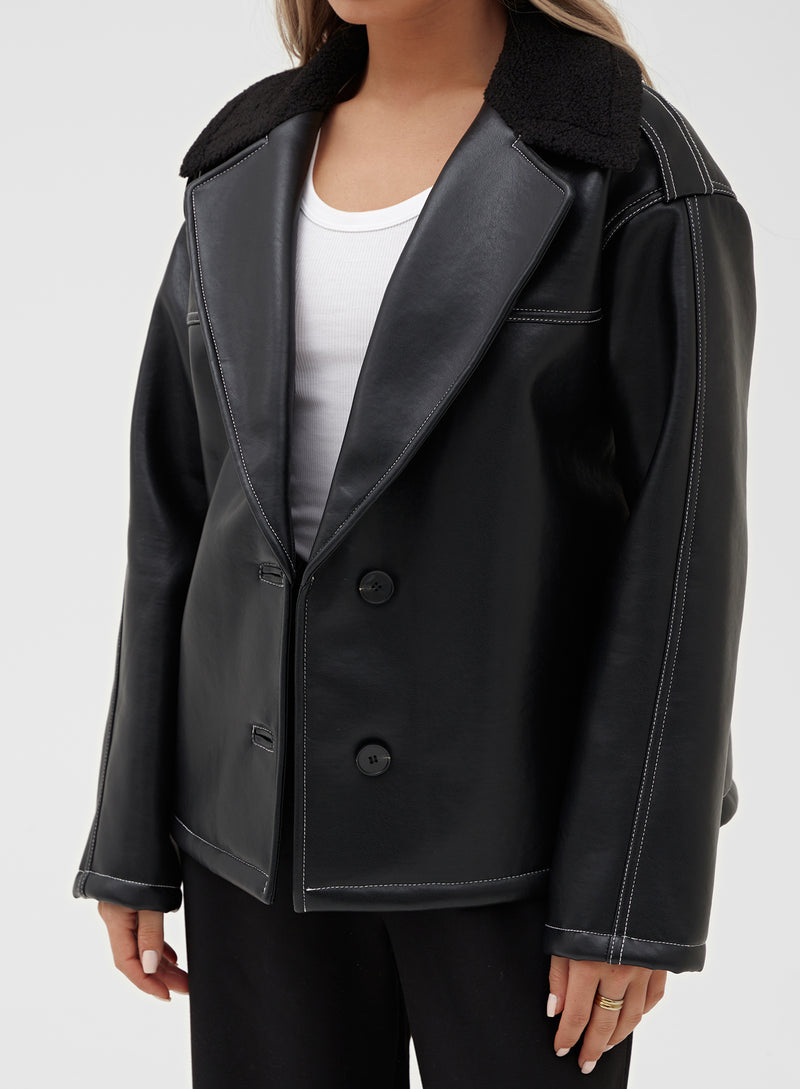 Black Faux Leather Shearling Jacket - Campbell