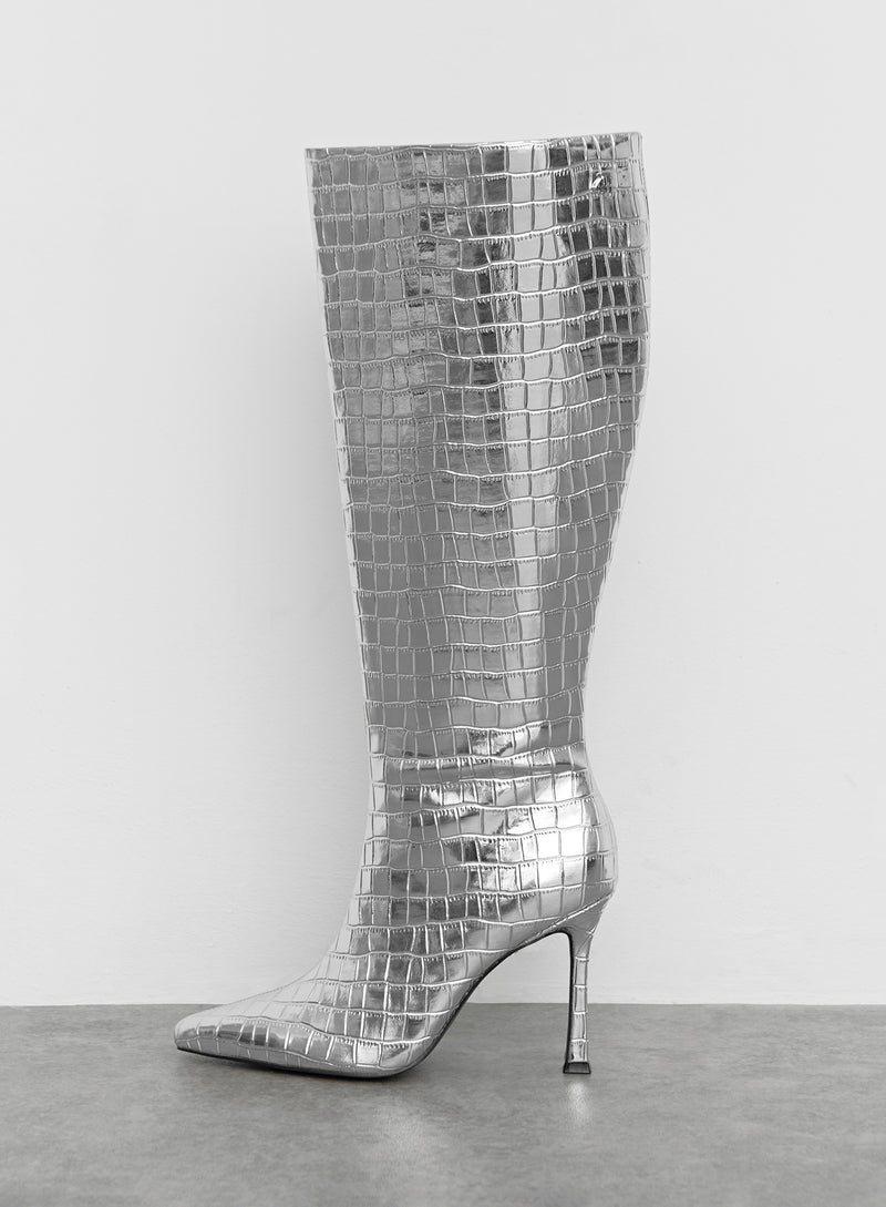 Silver Metallic Croc Knee High Heeled Boot - Amelie